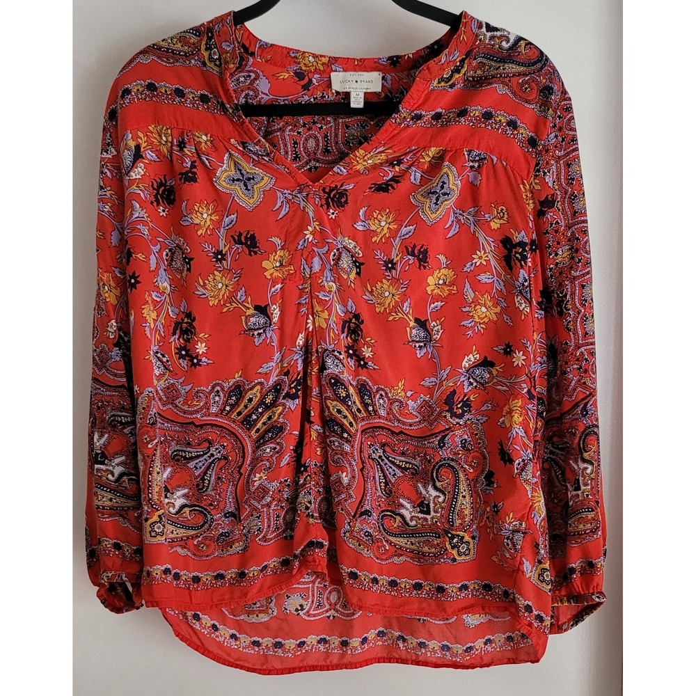 Lucky Brand Blouse Women M Red Paisley Long Sleeve Split Neck Boho Top Shirt